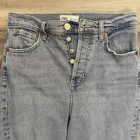 Zara Button Fly Crop Jeans Raw Hem Blue Size 8 - Picture 4 of 8